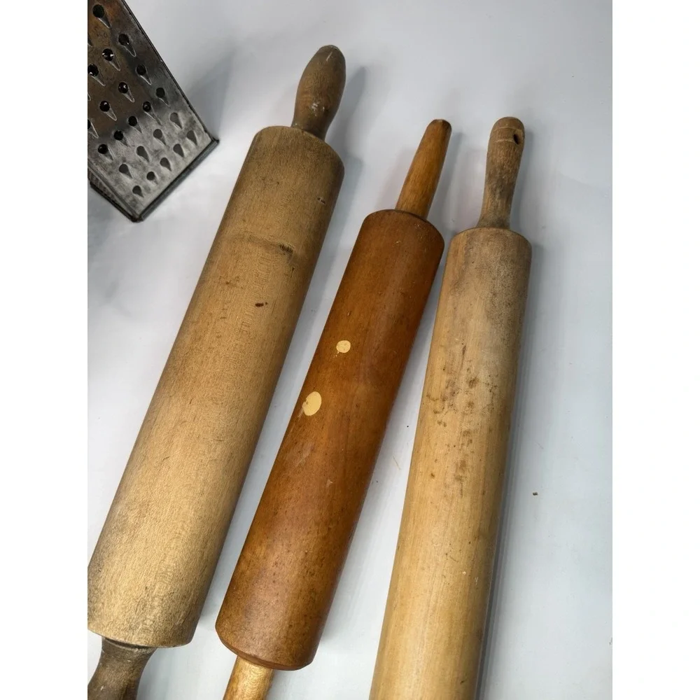 Vintage Kitchen Utensil Lot Wooden Rolling Pins Star Colander Metal Grater Decor